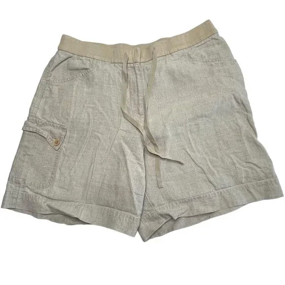 J. Jill Elastic Tie Waist Linen Khaki Cargo Shorts Size 10 - Picture 1 of 8
